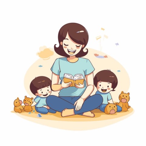 Mother reading a book with her children. Vector illustration in