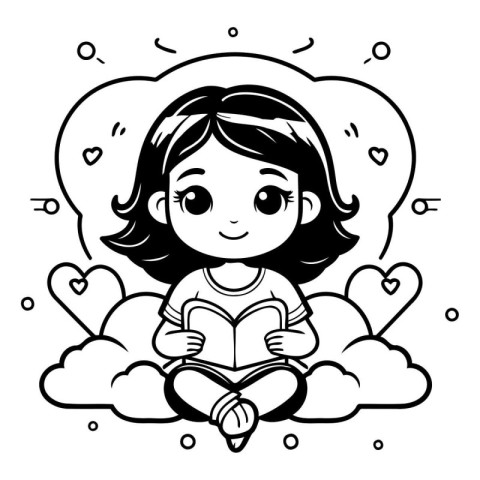 Girl reading a book in the clouds. Black and white vector illust