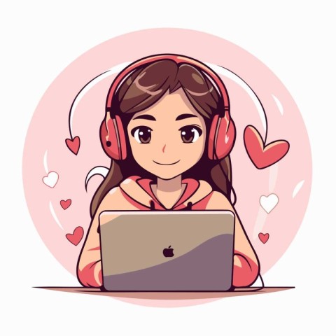 Cute girl with laptop and headphones. Vector illustration in car