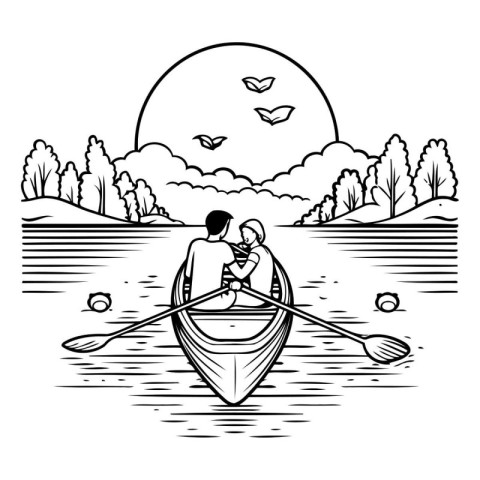 cute little boy with dad in boat in the lake vector illustration