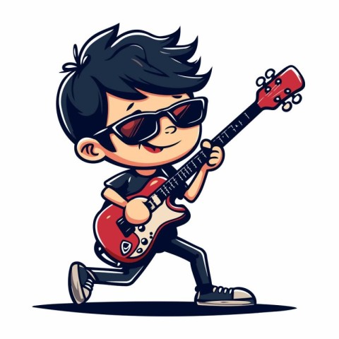 Cartoon boy playing the electric guitar. Vector illustration iso