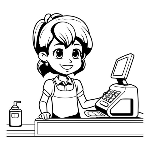 Girl cashier at cash register. Black and white vector illustrati