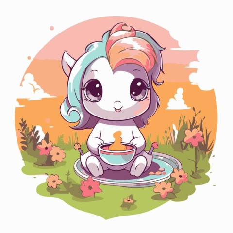 Cute kawaii unicorn with a bowl of milk in the meadow