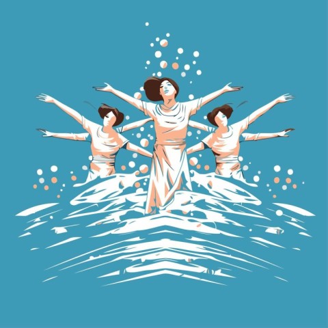 Vector illustration of a group of people dancing in the sea. Vec