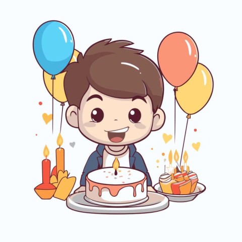 Cute boy with birthday cake and balloons. vector cartoon illustr