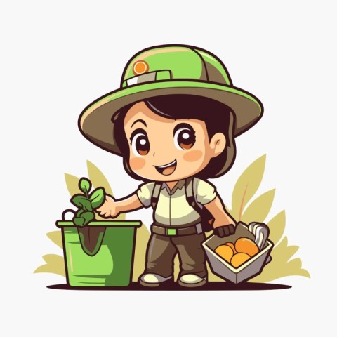 Cute little boy gardener with gardening tools. Vector illustrati