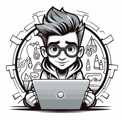 Funny nerd with a laptop in the hands. Vector illustration.