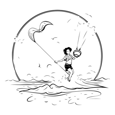 Kitesurfing girl. Hand drawn sketch. Vector illustration.