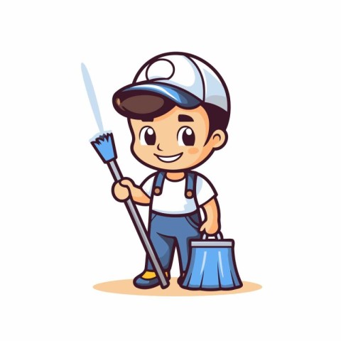 Cute cartoon janitor with broom and bucket. Vector illustration.