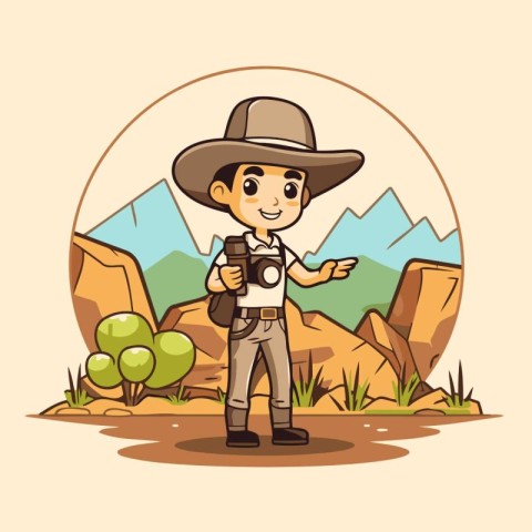 Illustration of a Cute Boy Wearing a Cowboy Hat and Holding a Ca