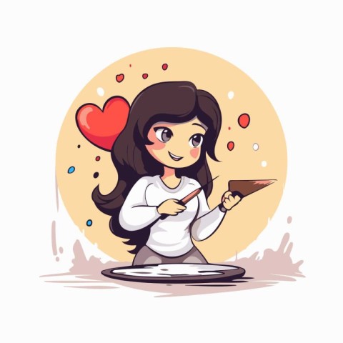 Cute little girl painting a heart with a brush. Vector illustrat