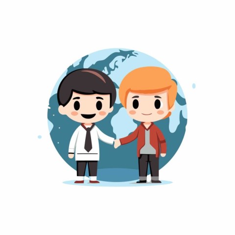 Businessman and businessman shaking hands with world map vector