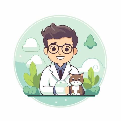 Veterinarian with a cat in the park. Vector illustration.