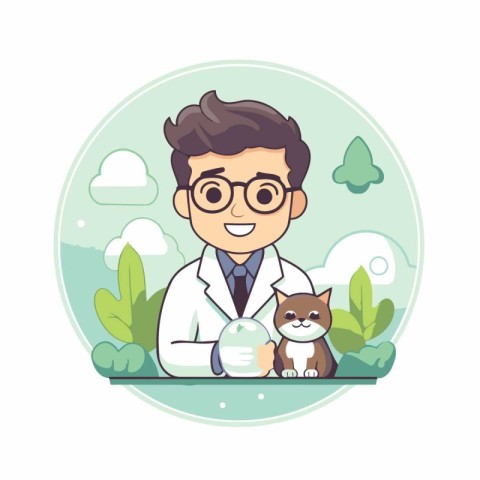 Veterinarian with a cat in the park. Vector illustration.