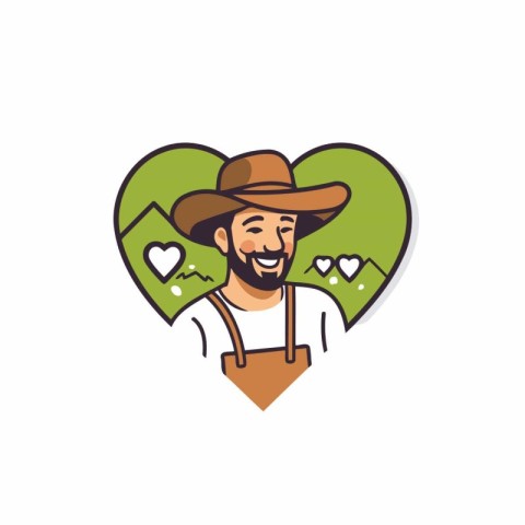 Cheerful farmer man with heart. Vector illustration in cartoon s