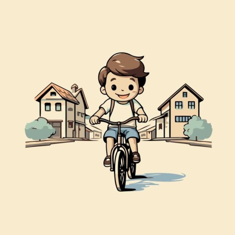 Boy riding a bicycle in the town. Vector illustration of a carto