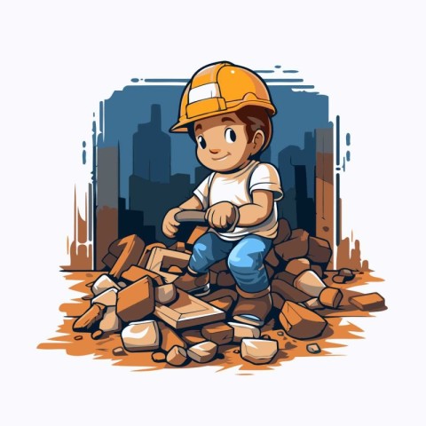 Little boy construction worker with bricks. Vector illustration