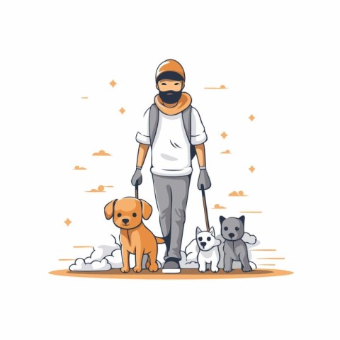 Man walking dogs. Vector illustration in cartoon style on white