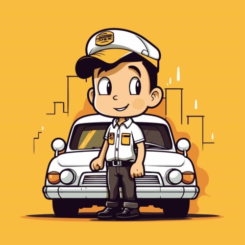 Cute cartoon boy with police car on yellow background. Vector il