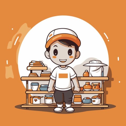 Cute boy standing in the bakery shop. Vector cartoon illustratio