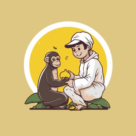 Vector illustration of a monkey and a man in a white shirt.