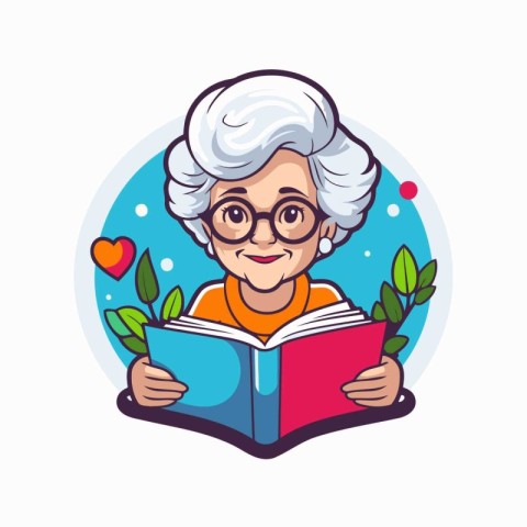 Grandmother reading book. Vector illustration in cartoon style i