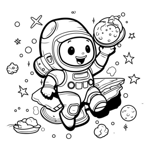 Cartoon astronaut with a bowl of food. Vector illustration for c