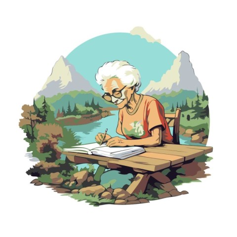 Elderly woman reading a book in the mountains. Vector illustrati