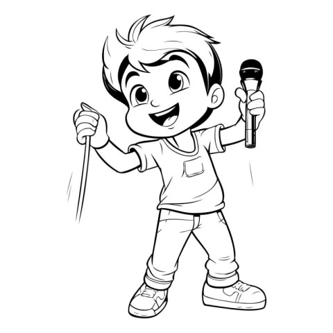 Cartoon boy singing karaoke with microphone. Vector illustration