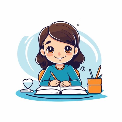 Cute little girl doing homework. Vector illustration in cartoon