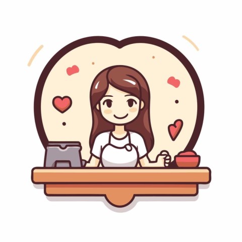 Illustration of a cute girl sitting at a table in a coffee shop