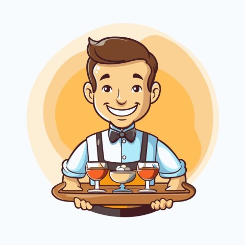 Illustration of a waiter holding a tray with glasses of wine and