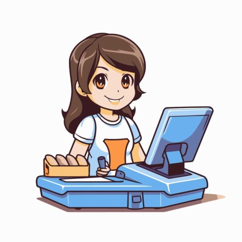 Illustration of a Cute Girl Working on a Laptop Computer