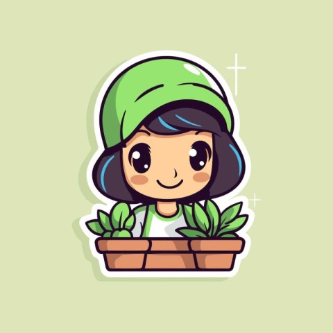 Cute girl with plant in pot. Cute cartoon vector illustration.