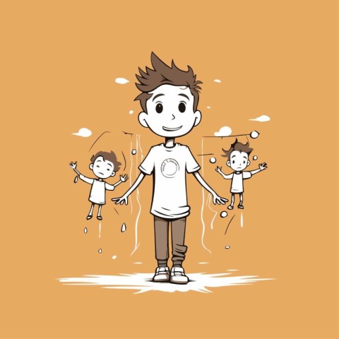 Father and his children playing with dandelions. Vector illustra