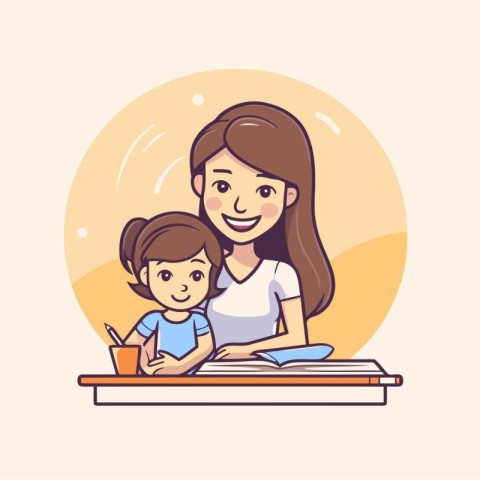 Mother and daughter reading book. Vector illustration in a flat