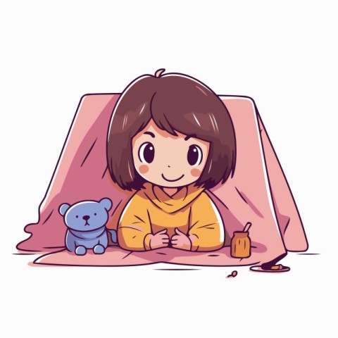 Cute little girl sleeping in bed. Vector illustration of a carto