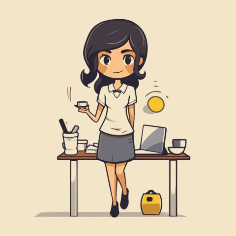 Cute businesswoman working at office. Vector illustration in car