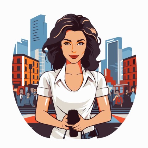 Young woman holding a microphone on the city background. Vector