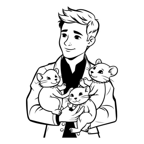 Black and White Cartoon Illustration of a Man Holding a Pet Anim