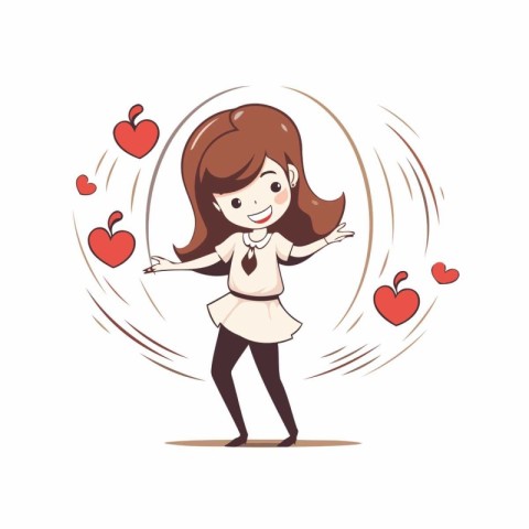 Lovely girl with red hearts around her. Vector illustration on w