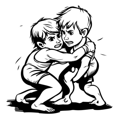 Boy hugging a girl - Black and White Cartoon Illustration. Vecto