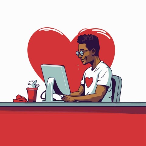 Young man in love with computer. Vector illustration. Valentine'