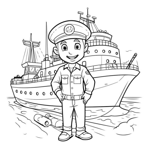 Black and White Cartoon Illustration of Little Boy Captain or Sa