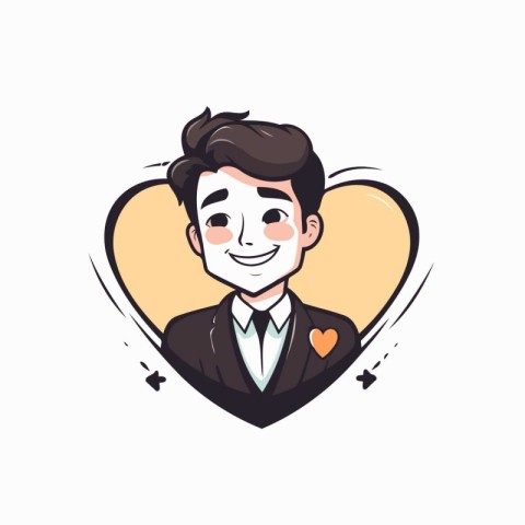 Vector illustration of a happy young man in a suit with a heart.