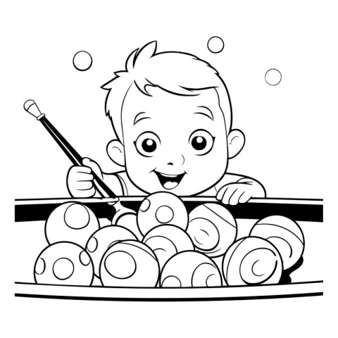 Cute little boy playing with snails. black and white vector illu