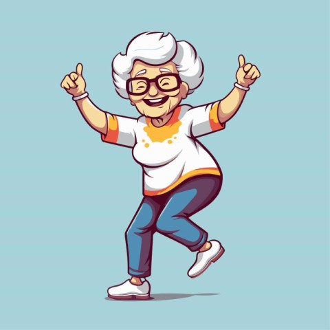 Elderly woman with glasses dancing and smiling. Vector illustrat