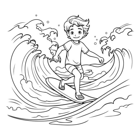 Boy surfing on a wave. Black and white vector illustration for c