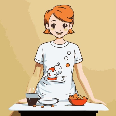 Illustration of a woman in a white T-shirt preparing food