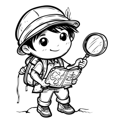 Boy with a map and a magnifying glass. Vector illustration.